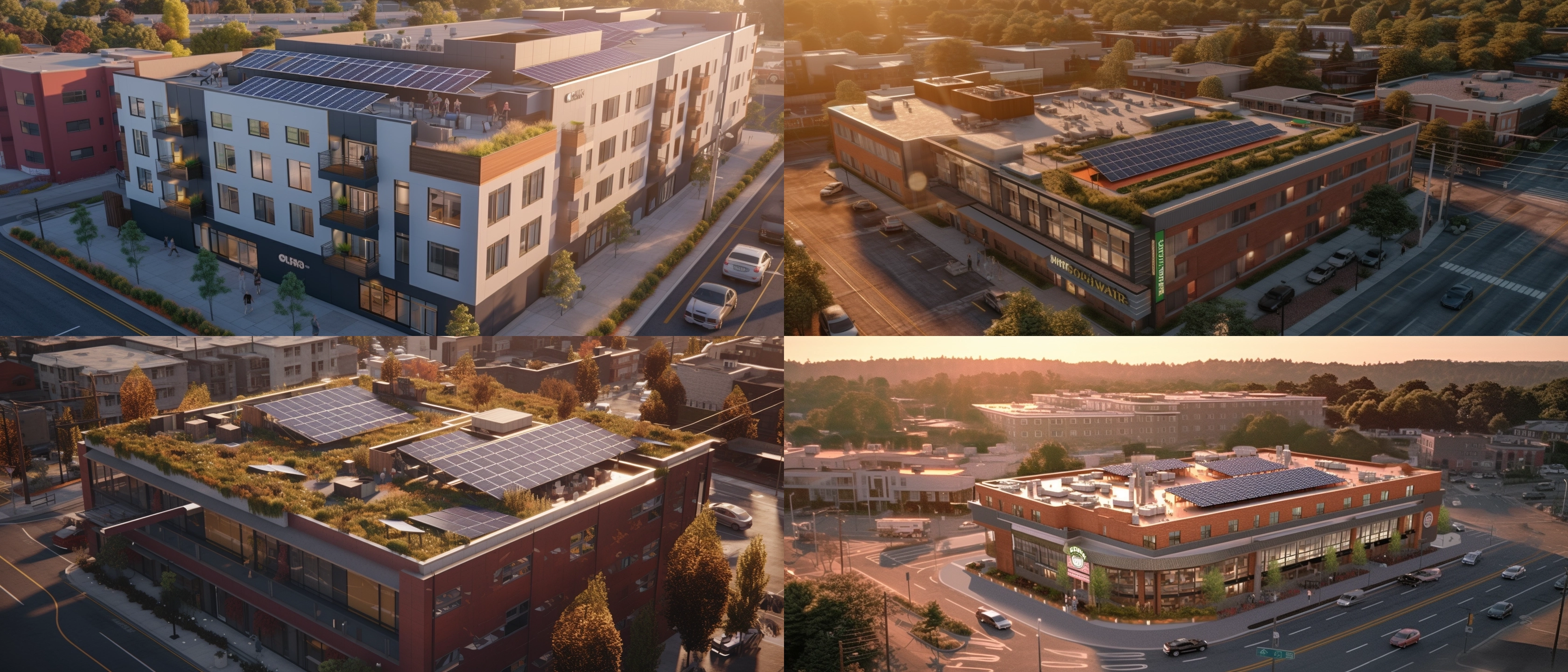 Take a realistic 4K photograph of a 9-building complex focused on forecasting building energy demand, which includes a fast-food restaurant, standalone retail, strip mall retail, and 7 multi-family buildings. Visibly integrate solar panels, wind turbines, and heat pumps. Use warm, golden-hour sunlight for lighting to emphasize the eco-friendly nature of the buildings. The color palette should consist of earth tones, with subtle green and blue accents to symbolize energy efficiency. Compose the image with an elevated perspective, highlighting the buildings and energy sources from an interesting angle. --aspect 7:3 --no Human, People, Person, Letters, Numbers, Text, Signature, Watermark, Logo, Stamp, Branding, Trademark, Copyright, Registered Trademark. --s 750 --v 5 --q 2 image